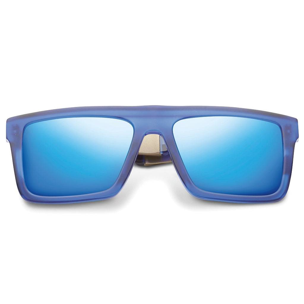 Sepulveda Matte Midway Blue Sunglasses with Antique Brass Frame and Pacific Blue Flash Lens -