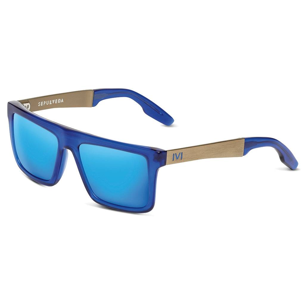 Sepulveda Matte Midway Blue Sunglasses with Antique Brass Frame and Pacific Blue Flash Lens -
