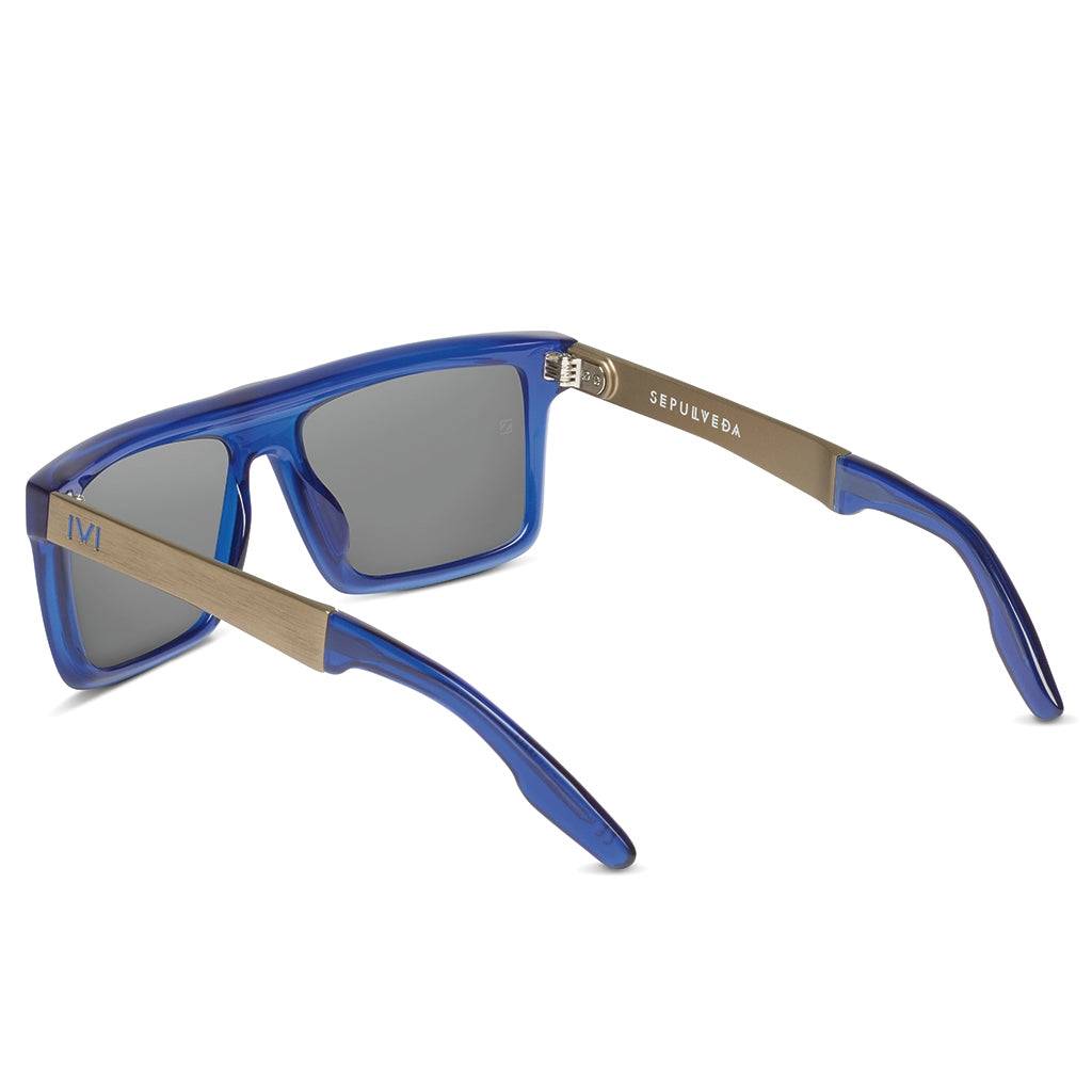 Sepulveda Matte Midway Blue Sunglasses with Antique Brass Frame and Pacific Blue Flash Lens -
