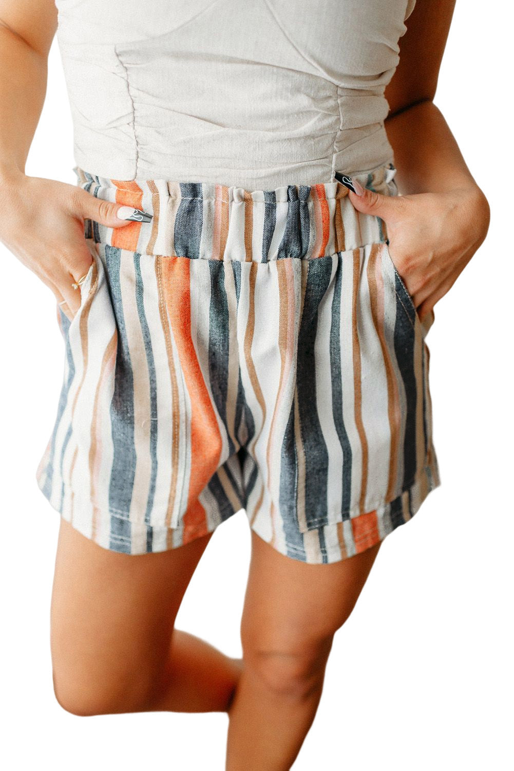 Stripe Vintage Washed Elastic Frill Waist Casual Shorts -