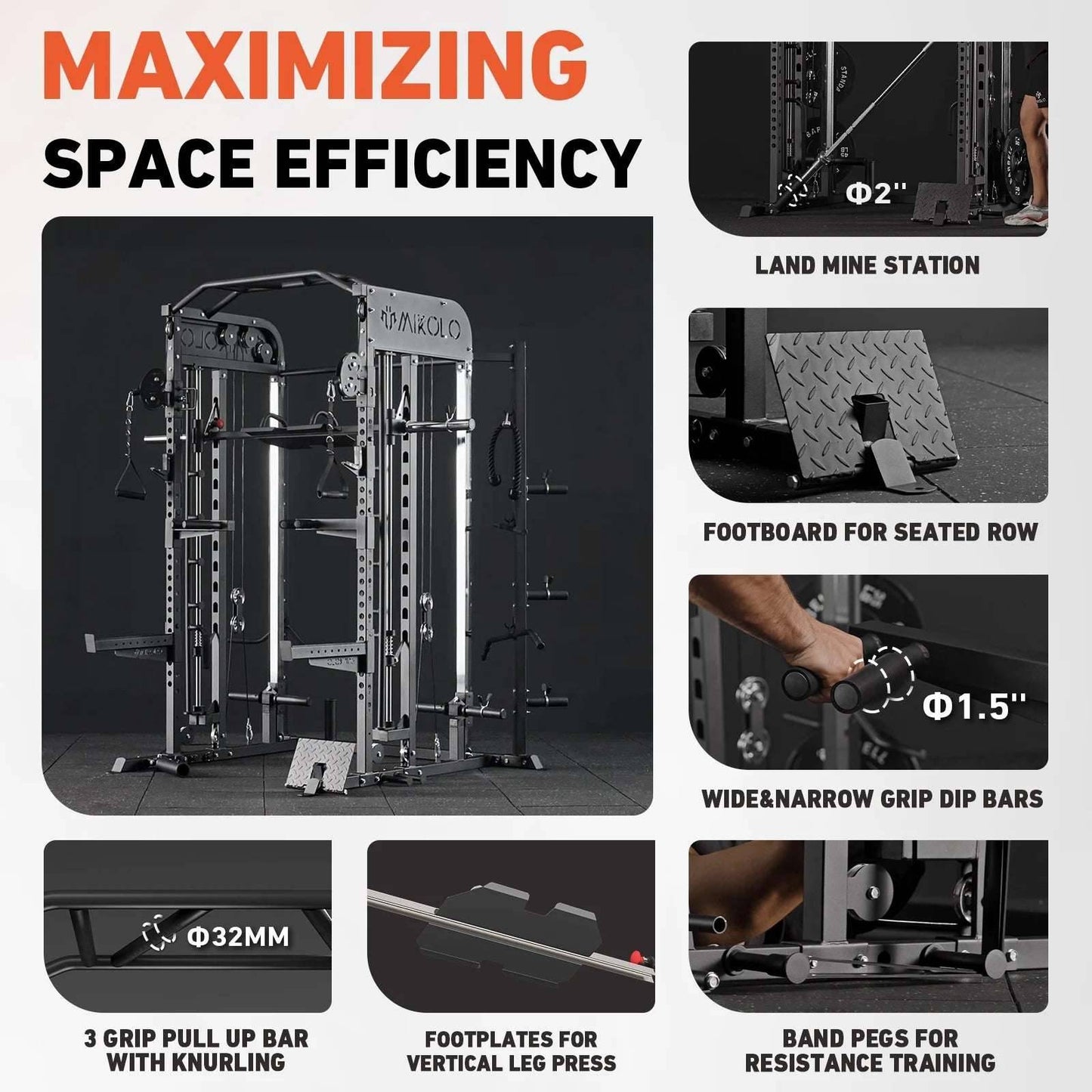 Smith Machine Power Rack All-In-One Cage with Vertical Leg Press for Home Gym -