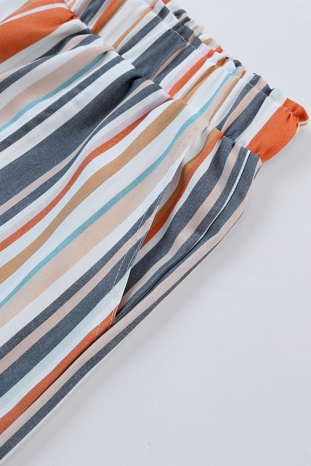 Stripe Vintage Washed Elastic Frill Waist Casual Shorts -
