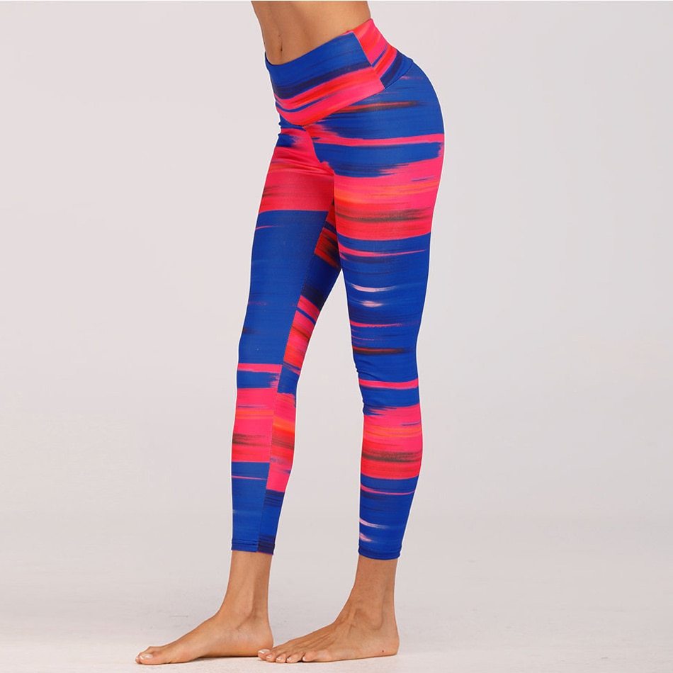 High-Waist Digital Print Yoga Pants - Blue & Red Contrast Leggings