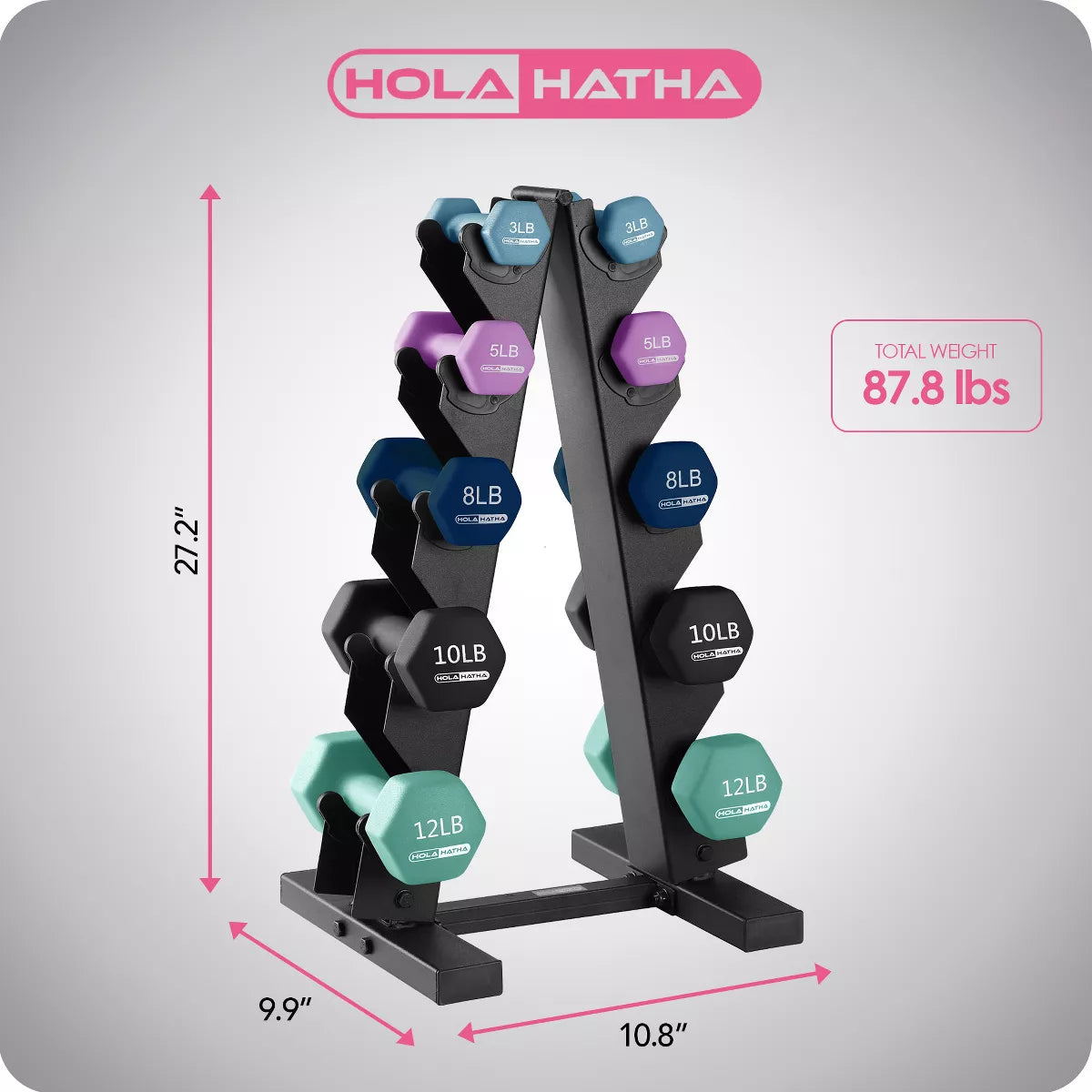 Holahatha 3, 5, 8, 10, and 12 Pound Neoprene Coated Grip Hexagon Dumbbell Weight Set with Storage Rack Stand for Various Strength Training Workouts