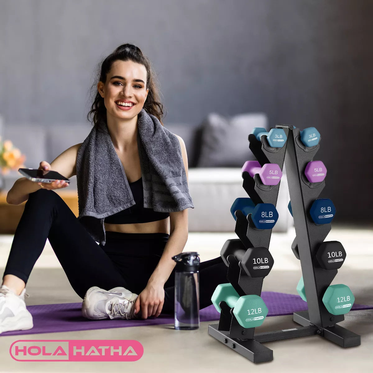 Holahatha 3, 5, 8, 10, and 12 Pound Neoprene Coated Grip Hexagon Dumbbell Weight Set with Storage Rack Stand for Various Strength Training Workouts