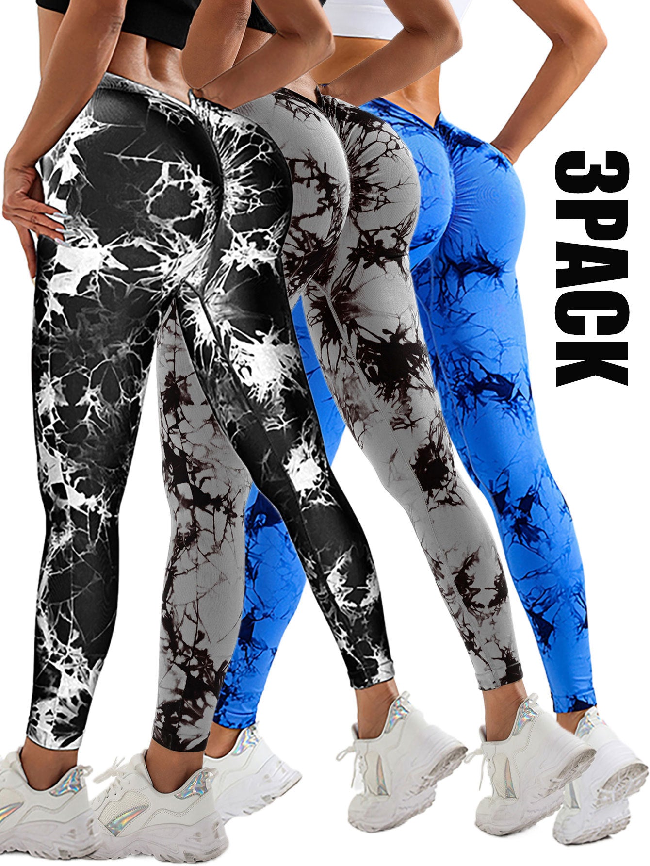 3 Pack Women's Scrunch Workout Leggings - High Waisted Butt Lifting Tie-Dye Leggings