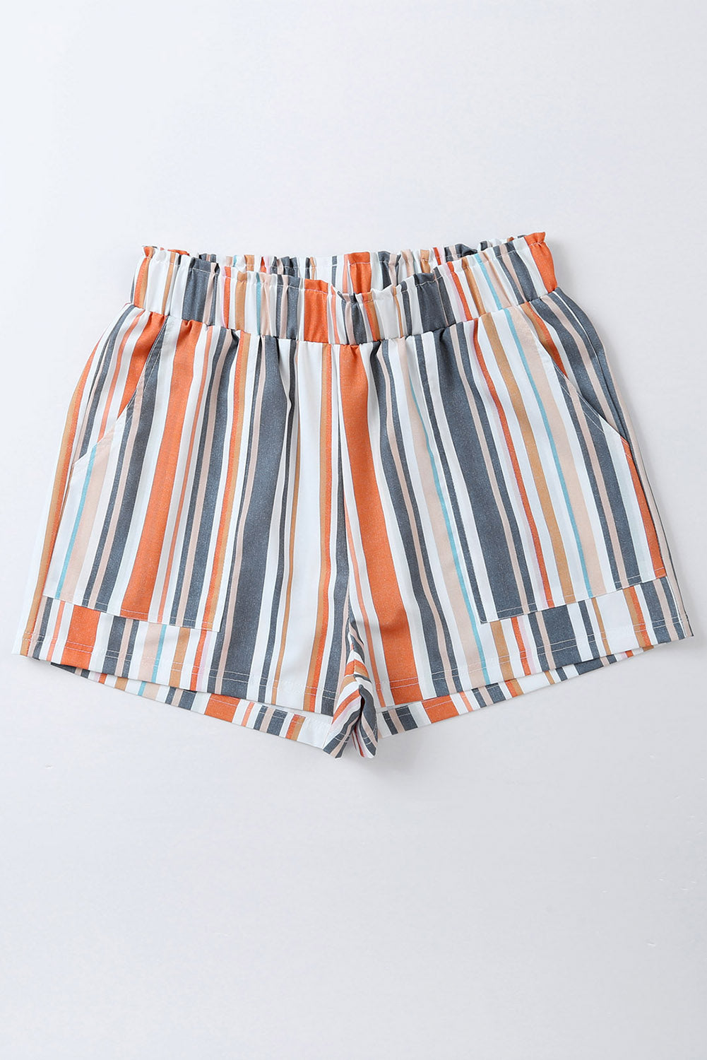 Stripe Vintage Washed Elastic Frill Waist Casual Shorts -