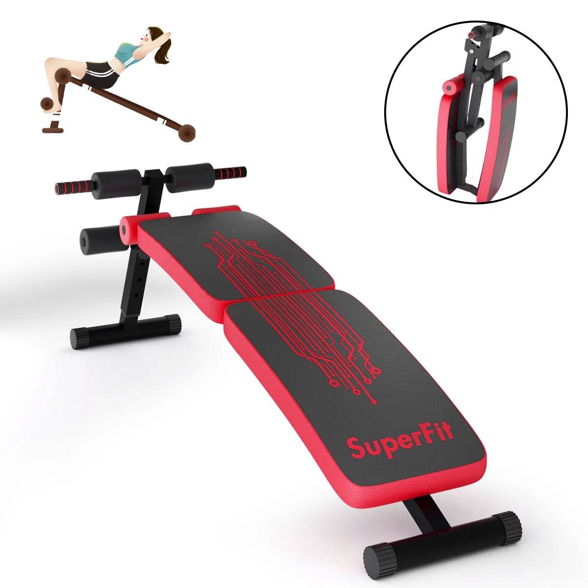 Superfit Folding Weight Bench - Adjustable Curved Decline Sit-Up Board in Red -