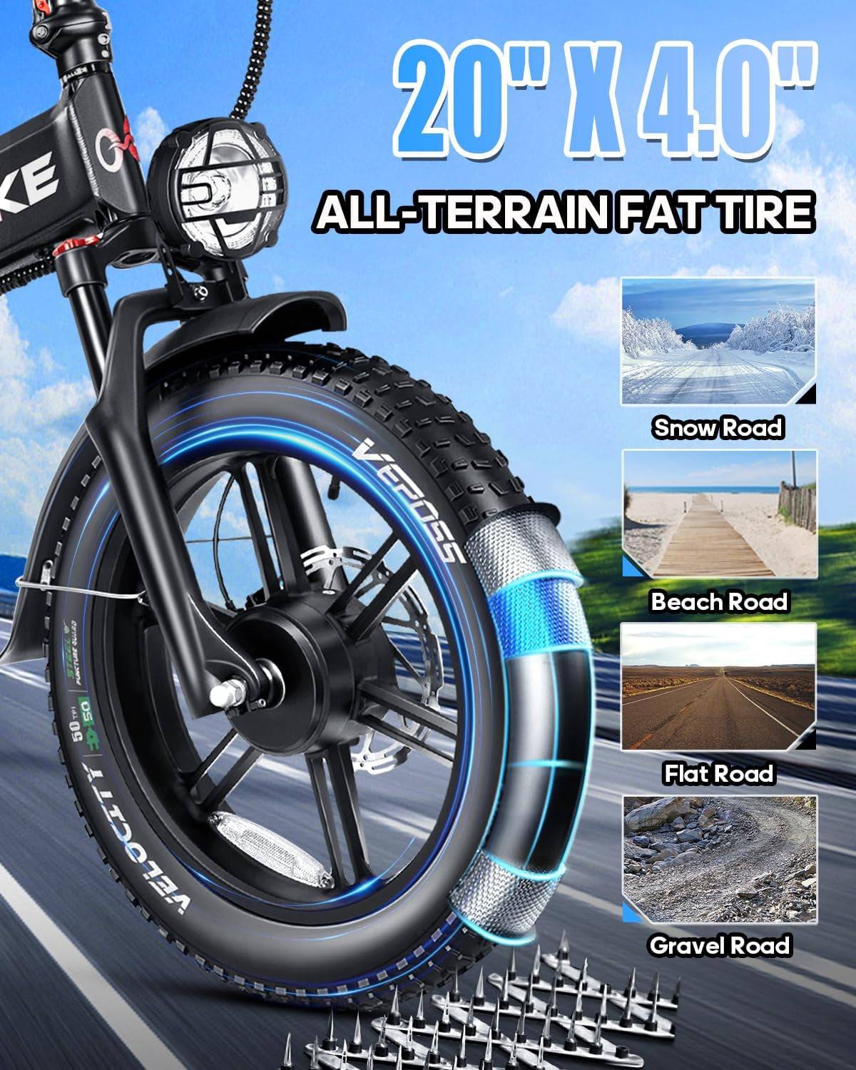 Electric Fat Tire Folding E-Bike for Adults - 20" Fat Tire with Hydraulic Brakes -