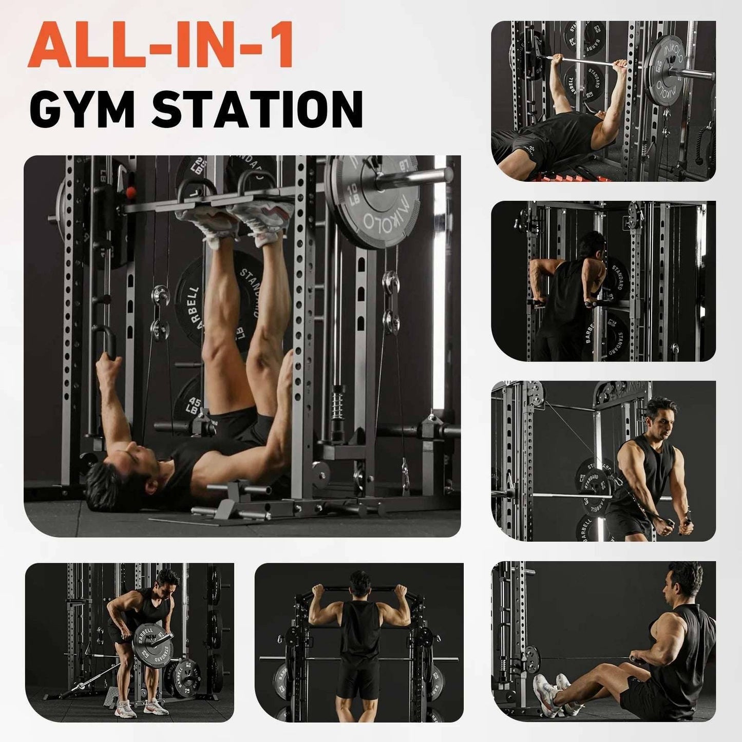 Smith Machine Power Rack All-In-One Cage with Vertical Leg Press for Home Gym -