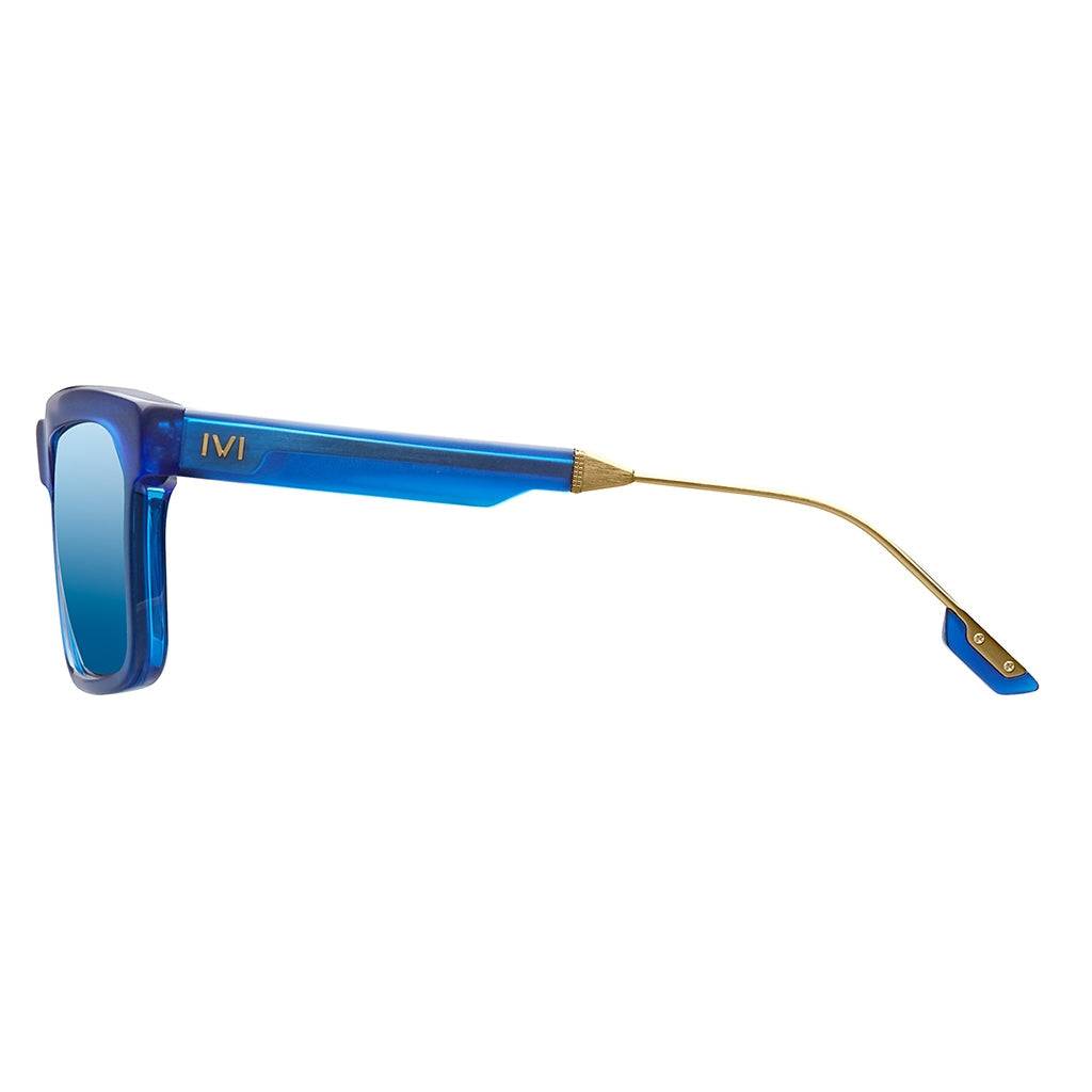 Deano Blue Sunglasses - Matte Midway Blue with Antique Brass Frame and Pacific Blue Flash Lens -