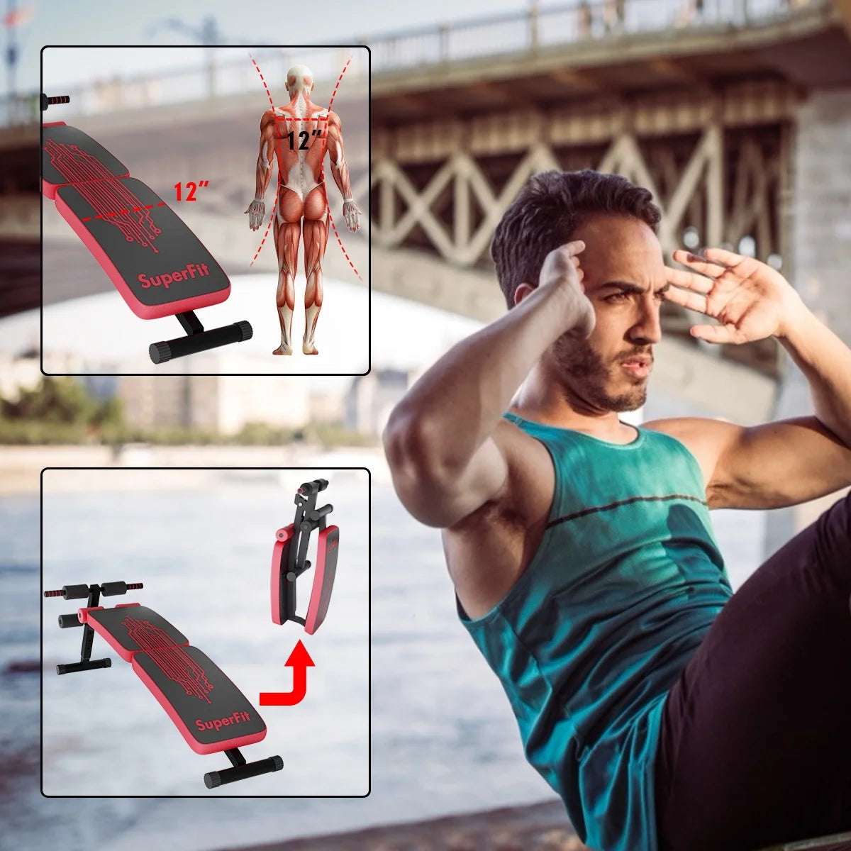 Superfit Folding Weight Bench - Adjustable Curved Decline Sit-Up Board in Red -