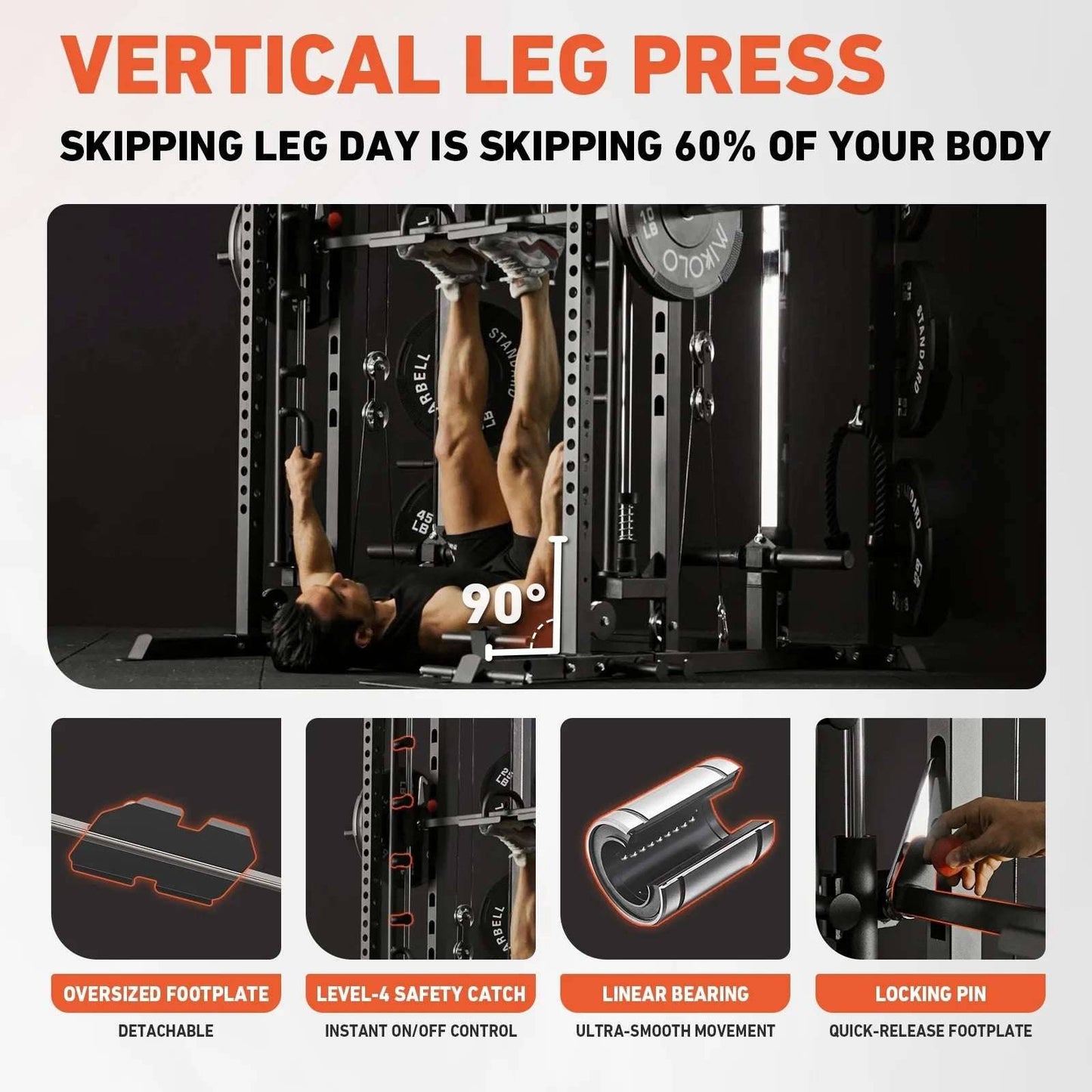 Smith Machine Power Rack All-In-One Cage with Vertical Leg Press for Home Gym -