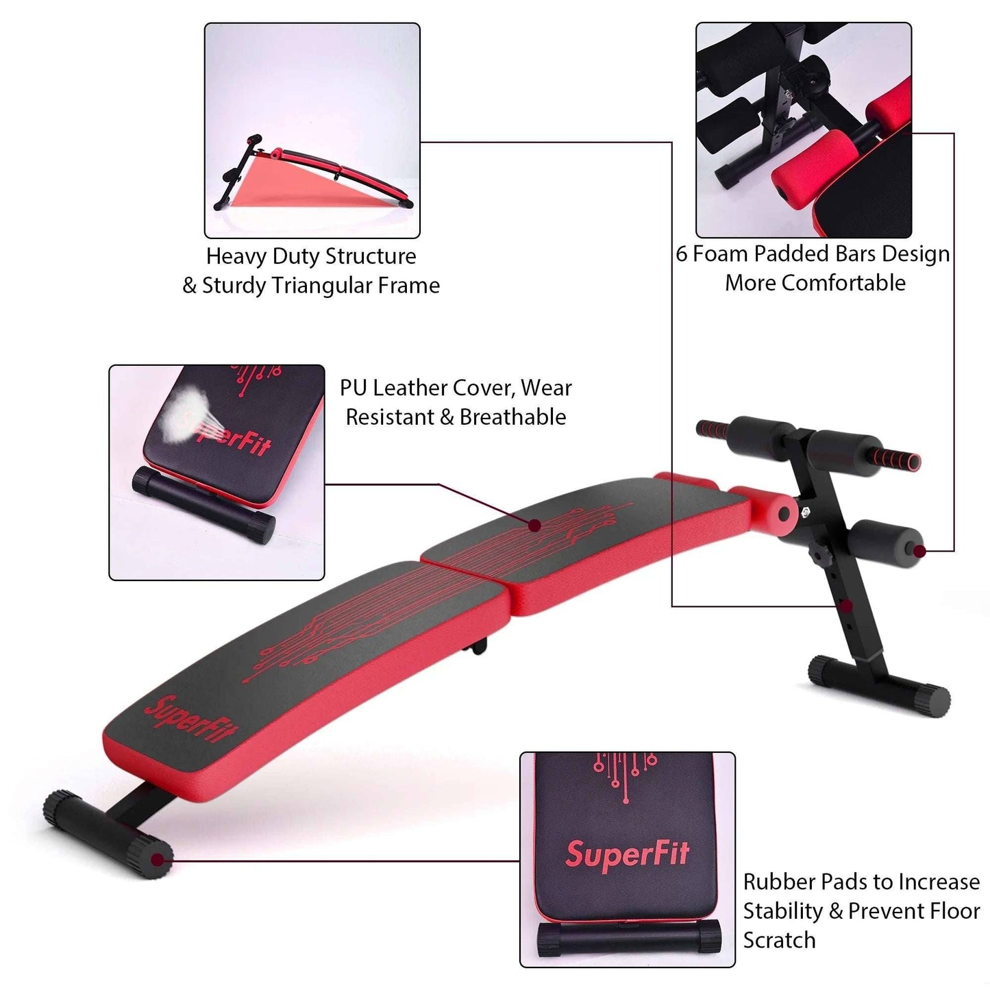 Superfit Folding Weight Bench - Adjustable Curved Decline Sit-Up Board in Red -