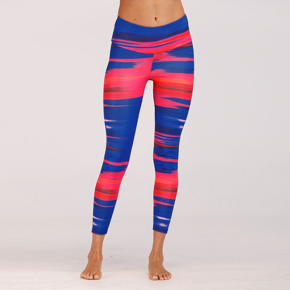 High-Waist Digital Print Yoga Pants - Blue & Red Contrast Leggings