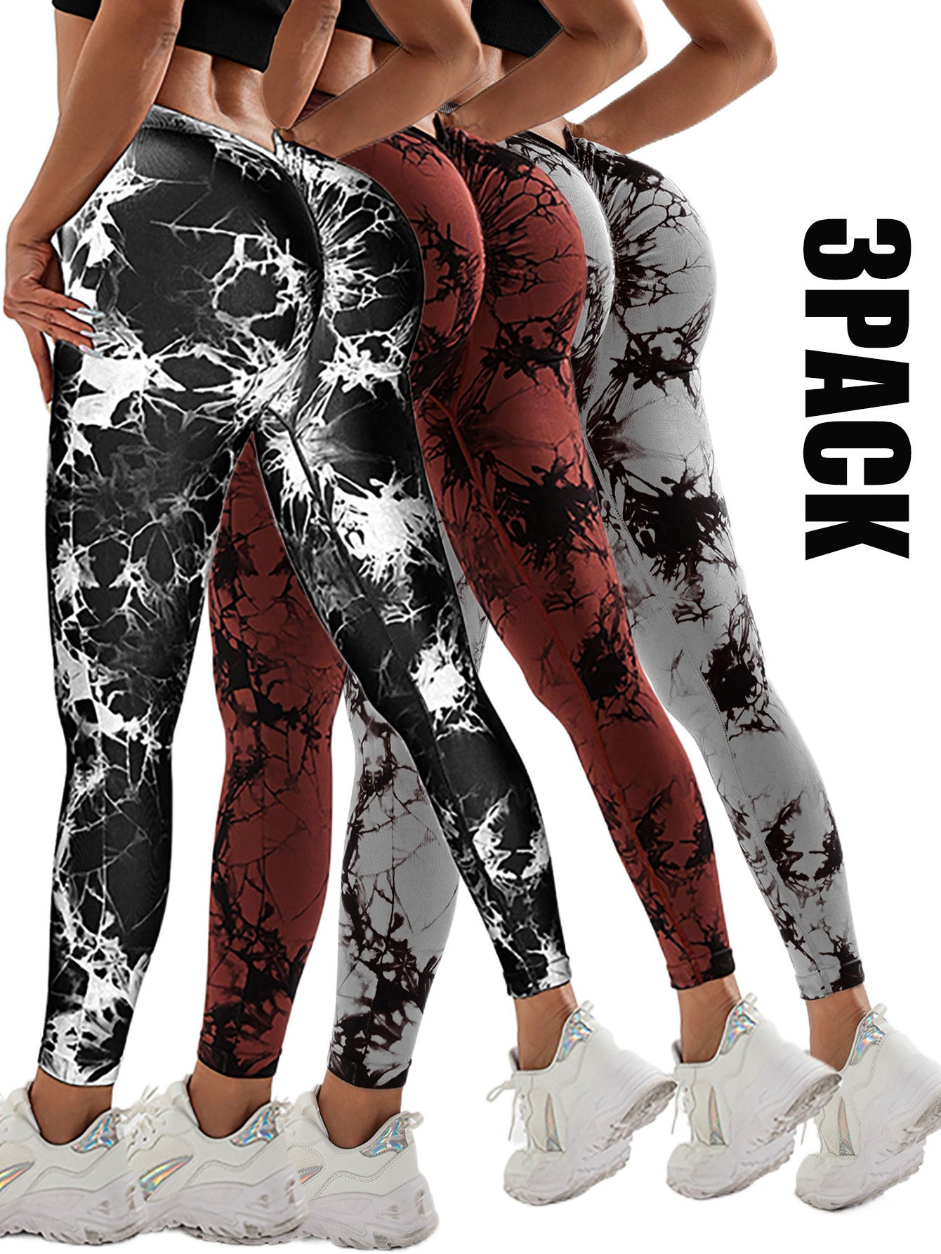 3 Pack Women's Scrunch Workout Leggings - High Waisted Butt Lifting Tie-Dye Leggings