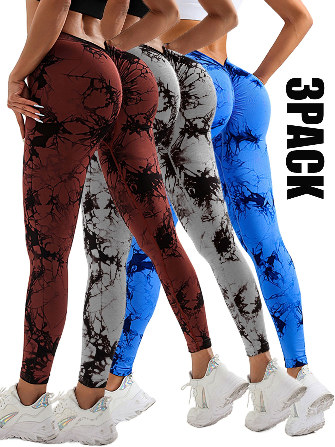 3 Pack Women's Scrunch Workout Leggings - High Waisted Butt Lifting Tie-Dye Leggings