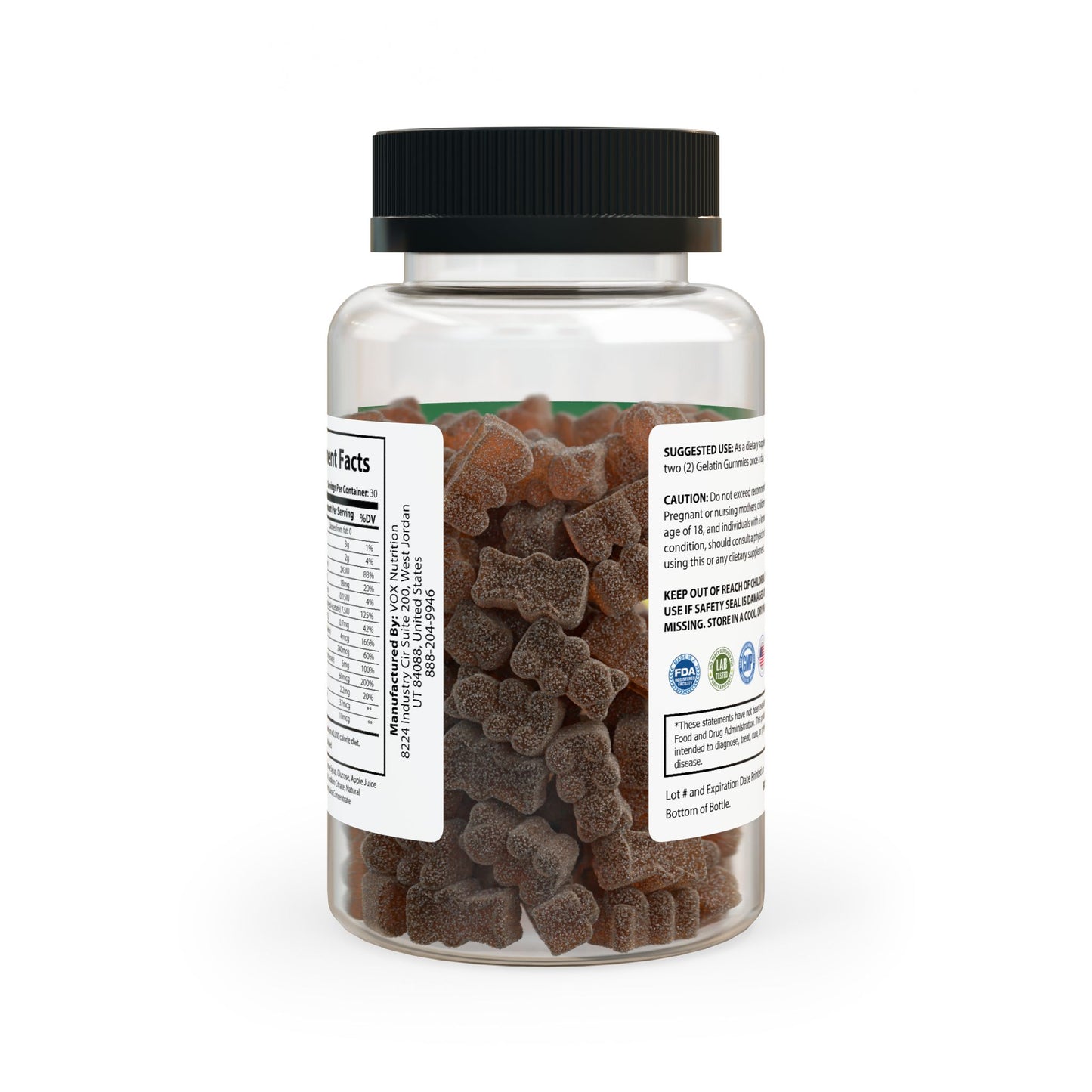 Adult Multivitamin Gummies bottle back label, showing facts, ingredients, and usage instructions