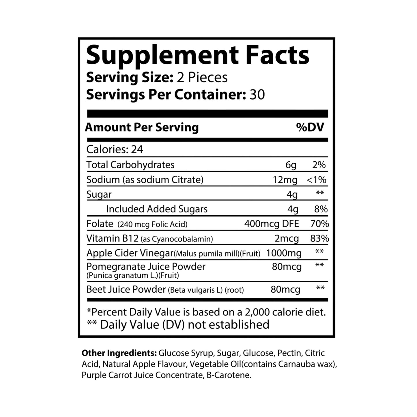 Back of Apple Cider Vinegar Supplements bottle, displaying Supplement Facts label with details on ingredients and nutrition information for 60 Digestive Health & Energy gummies.