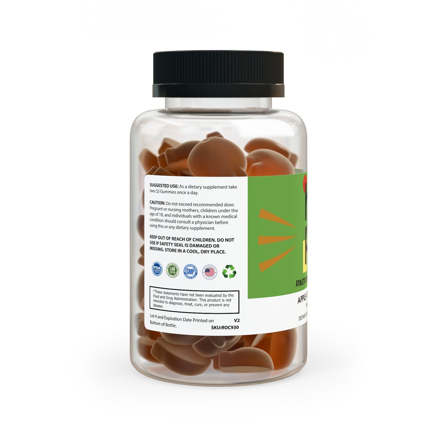Back view of Apple Cider Vinegar Supplements bottle, displaying supplement facts, ingredients, and usage instructions for 60 Gummies supporting Digestive Health & Energy