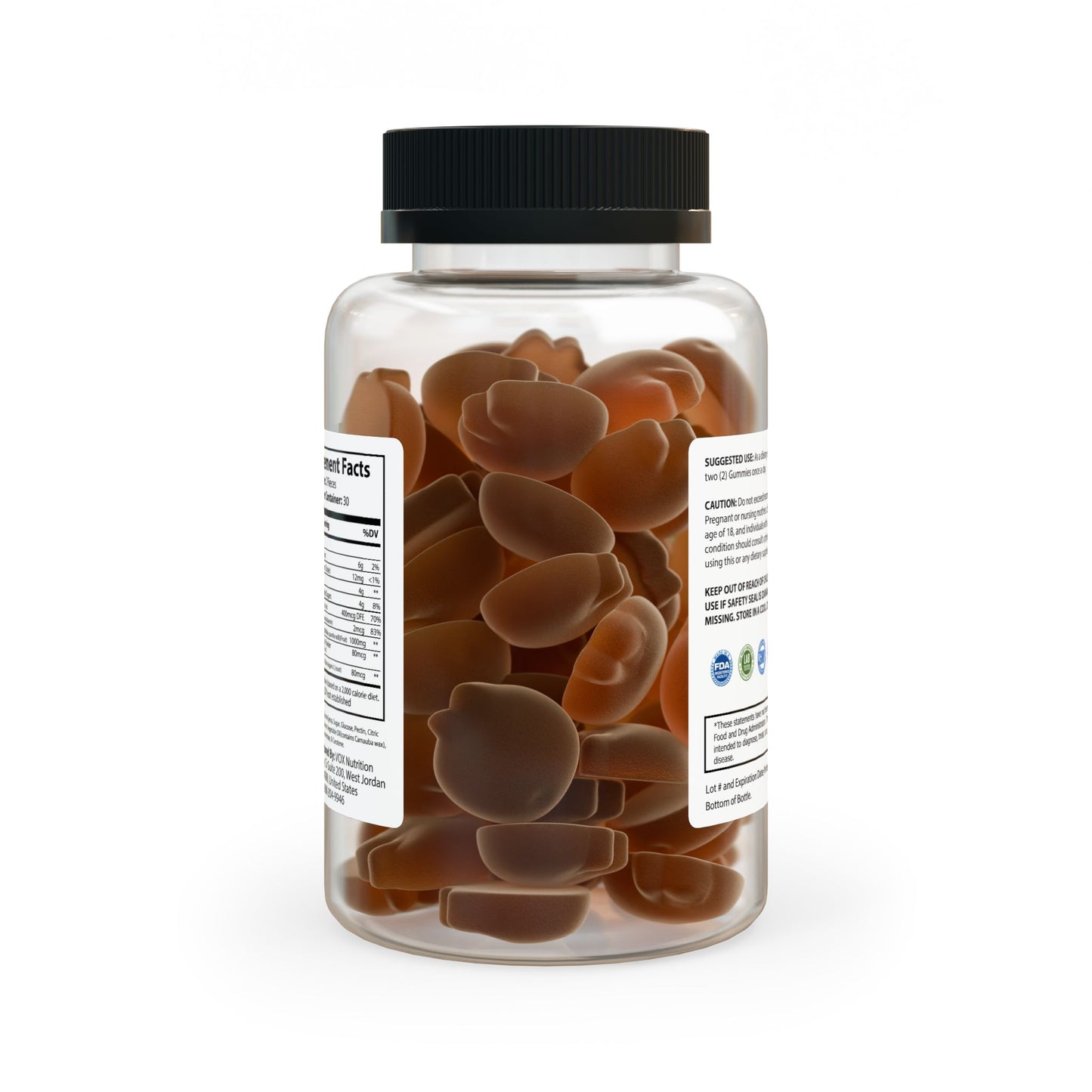 Back view of clear Apple Cider Vinegar gummy bottle, showcasing product details and information for 60 Digestive Health & Energy supplements.