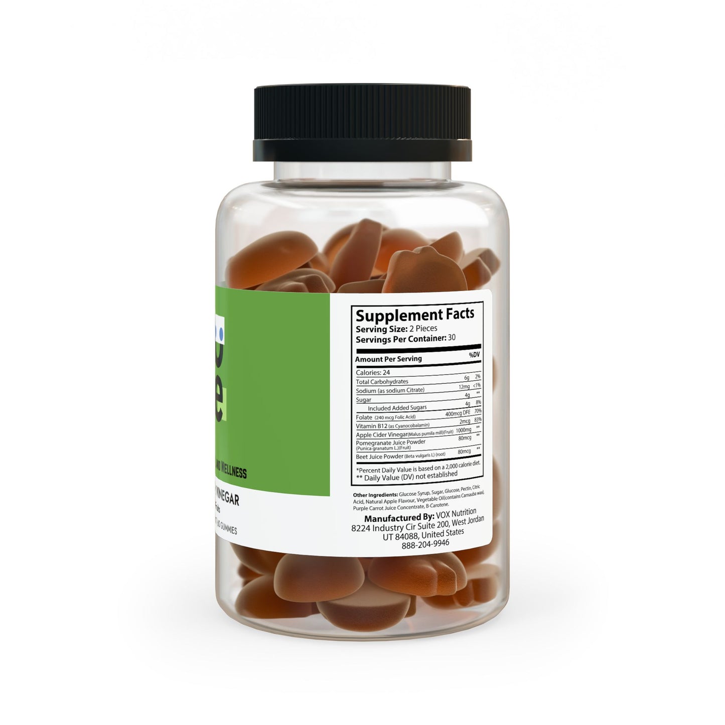 Back view of Apple Cider Vinegar gummy bottle, showing Supplement Facts label with ingredients and nutrition information for 60 Digestive Health & Energy gummies.