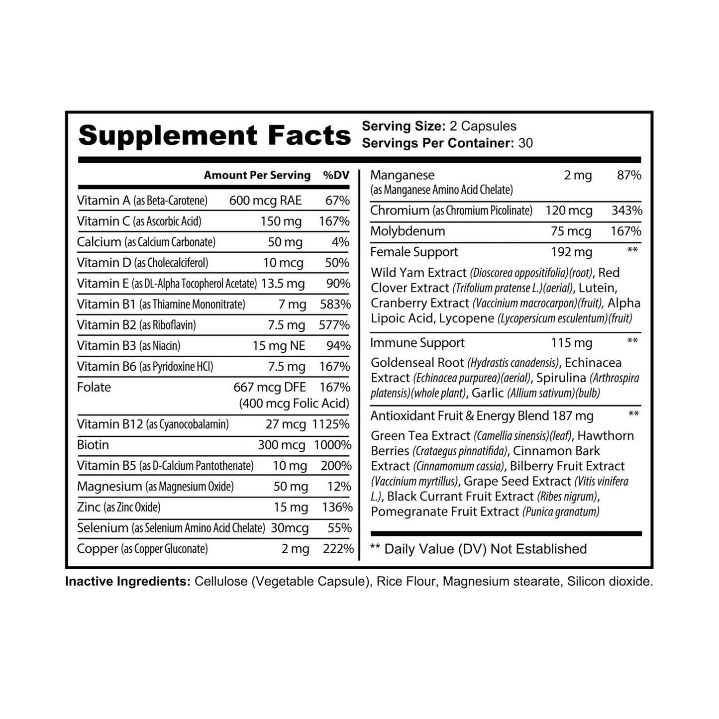 Close-up view of Multivitamin for Women Supplement Facts table, detailing essential vitamins and minerals.