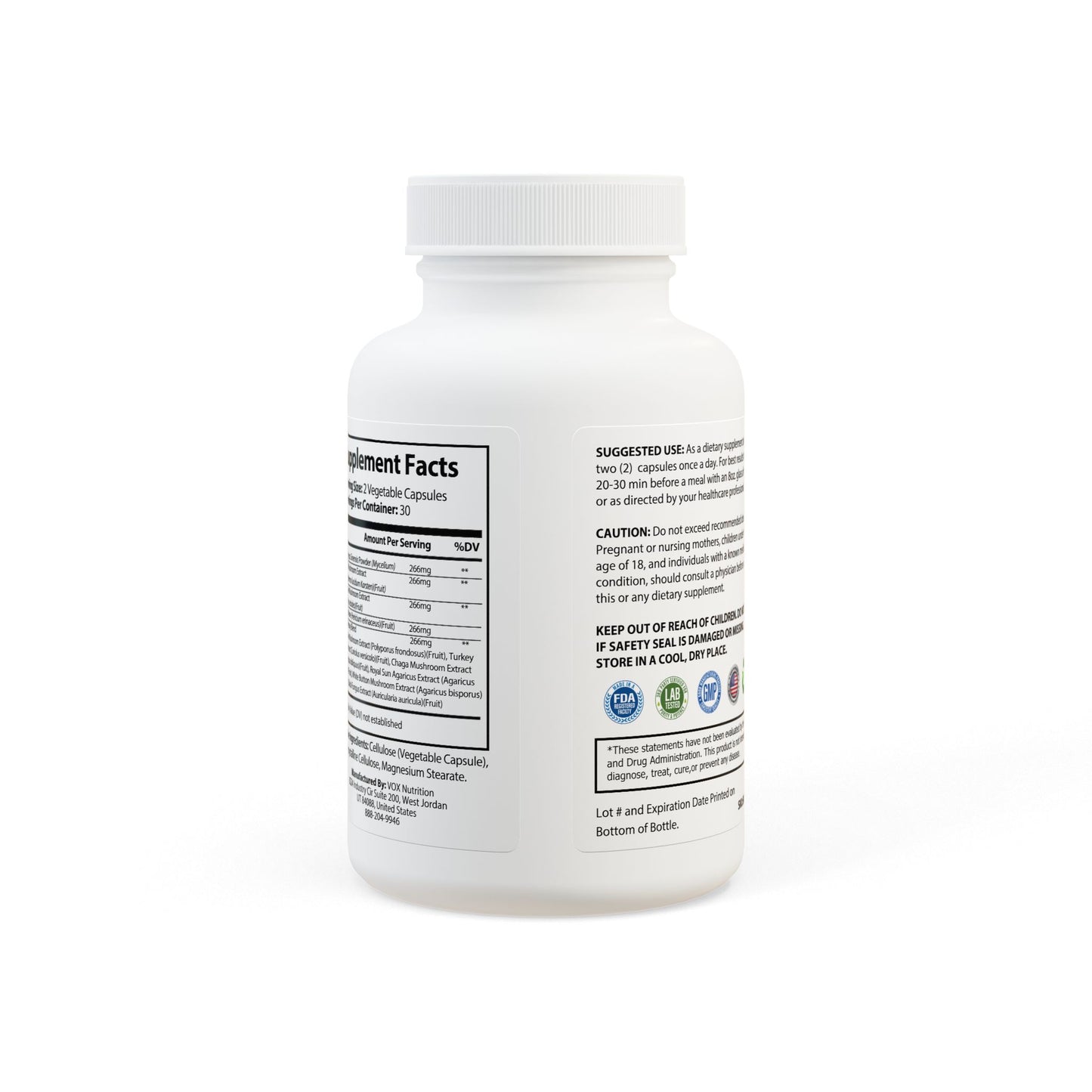 Back label view of Mushroom Blend Supplement, highlighting product details