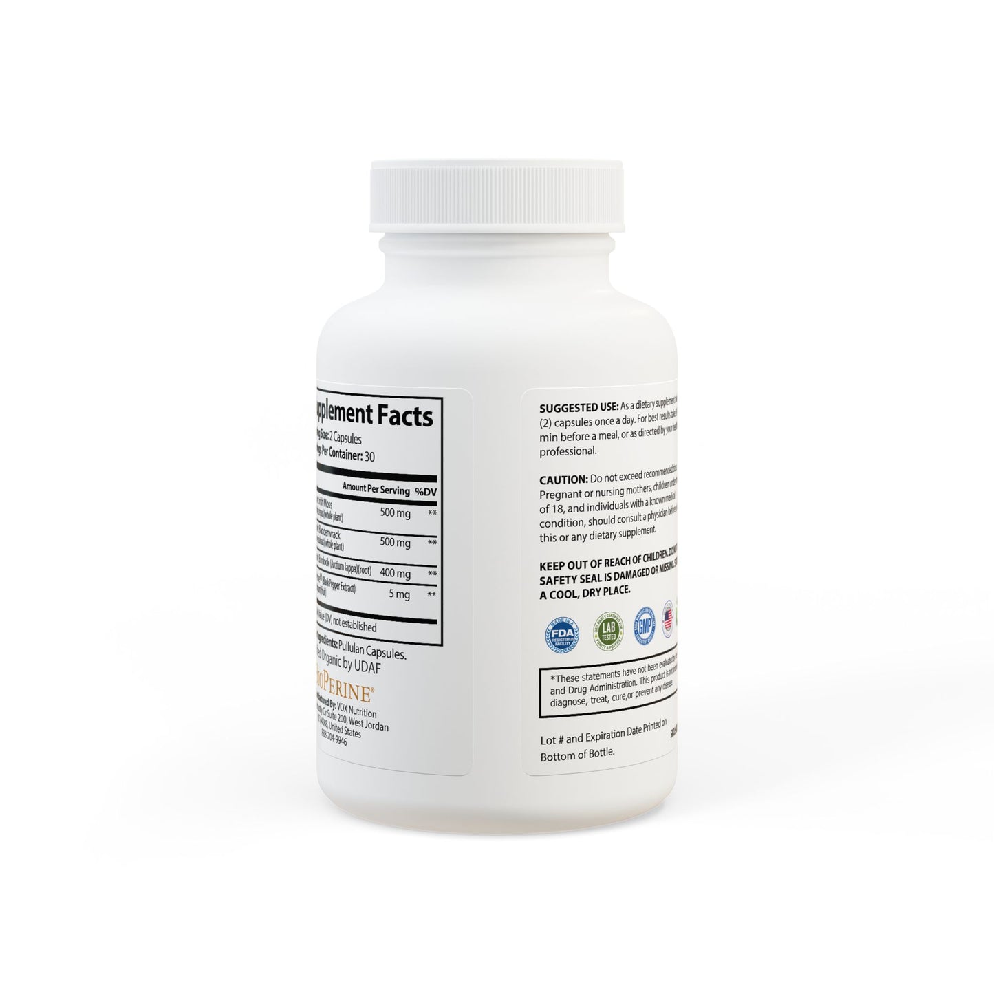 Back view of Sea Moss Supplement bottle, highlighting product information and details