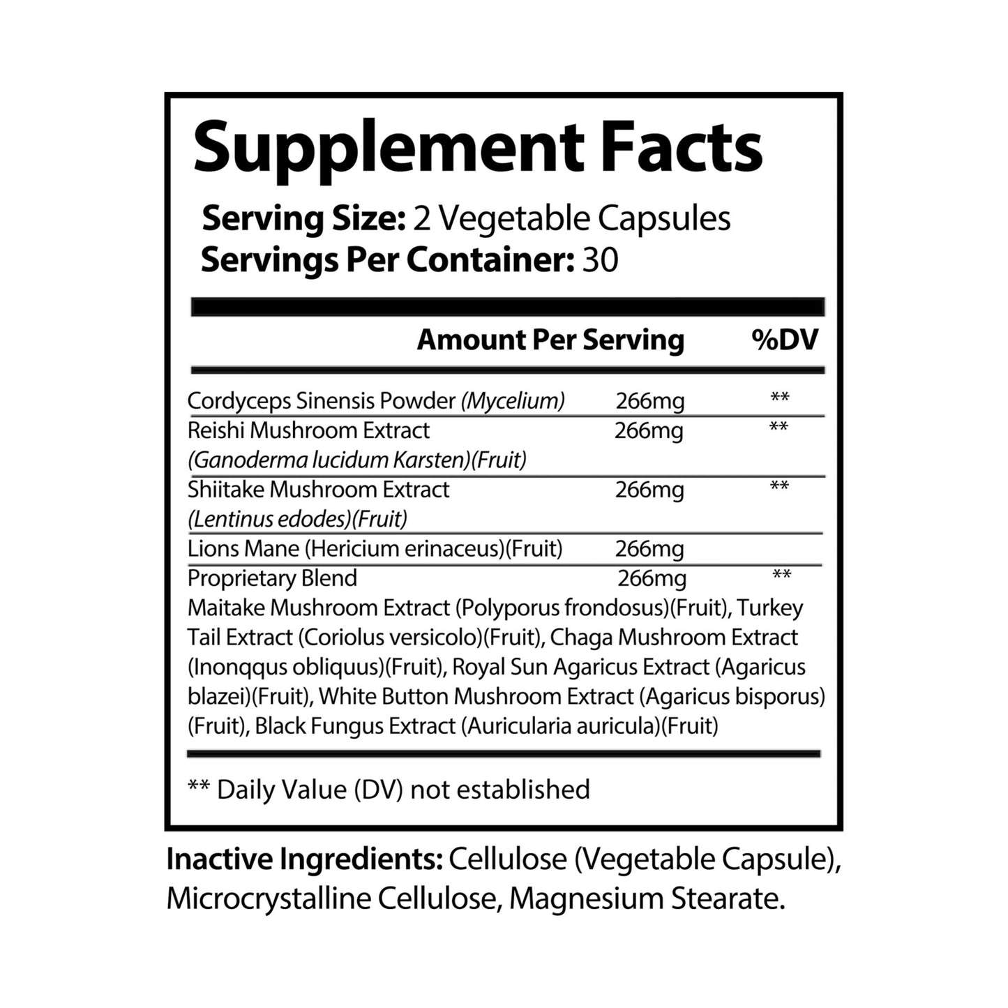 Nutrition facts panel for Mushroom Blend Supplement