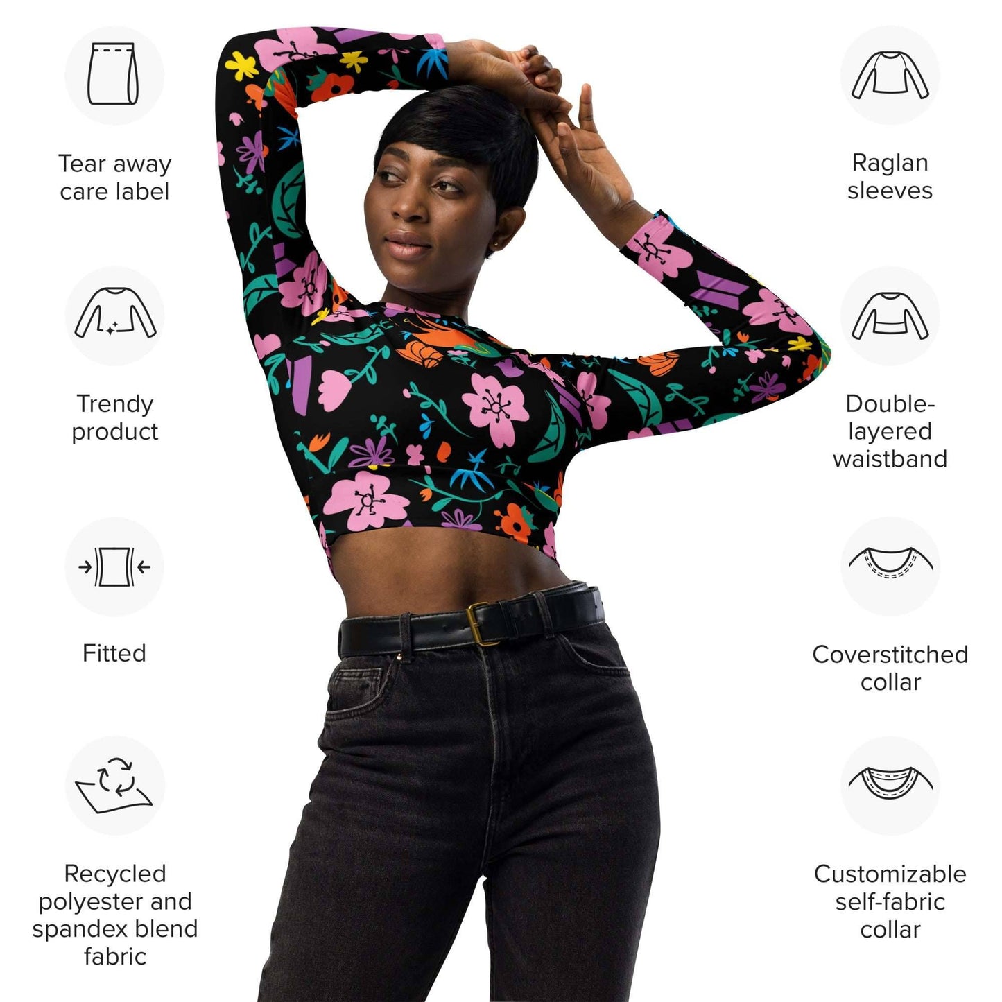 Women's Floral Crop Top - Eco-Friendly Long-Sleeve Floral Design -