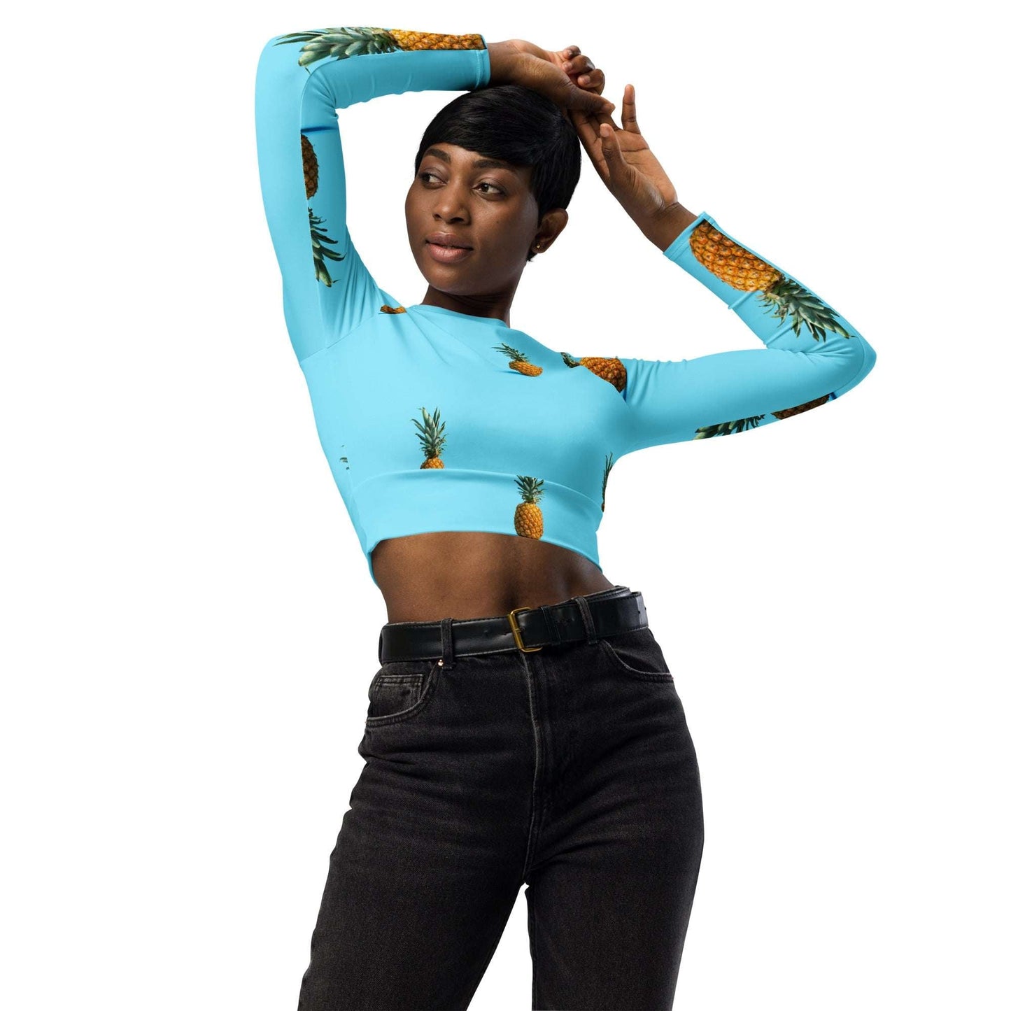 Women's Recycled Crop Top in Pineapple Print - Sustainable Long Sleeve Fashion -