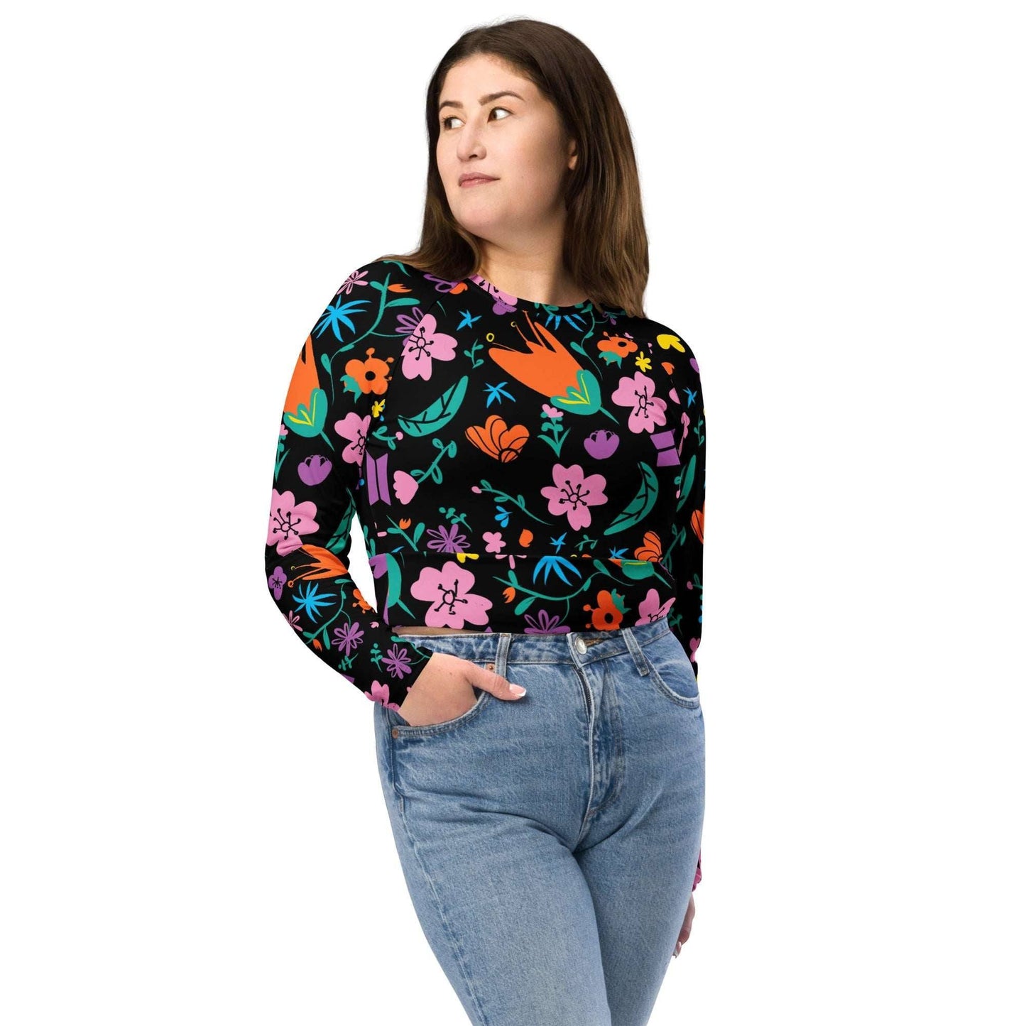 Women's Floral Crop Top - Eco-Friendly Long-Sleeve Floral Design -