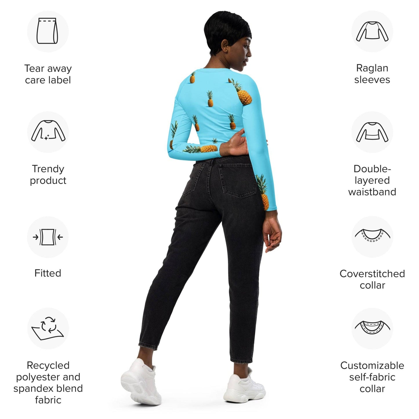 Women's Recycled Crop Top in Pineapple Print - Sustainable Long Sleeve Fashion -