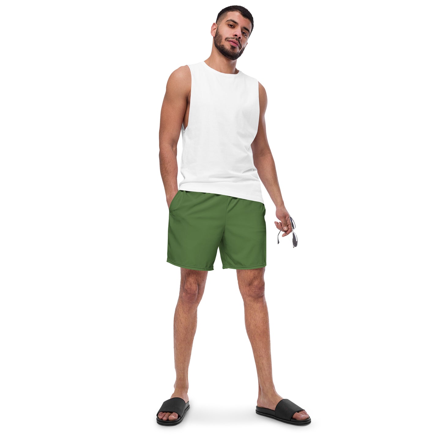 Eco-Friendly Men's Swim Trunks - Pure Pine Green Performance Swimwear -