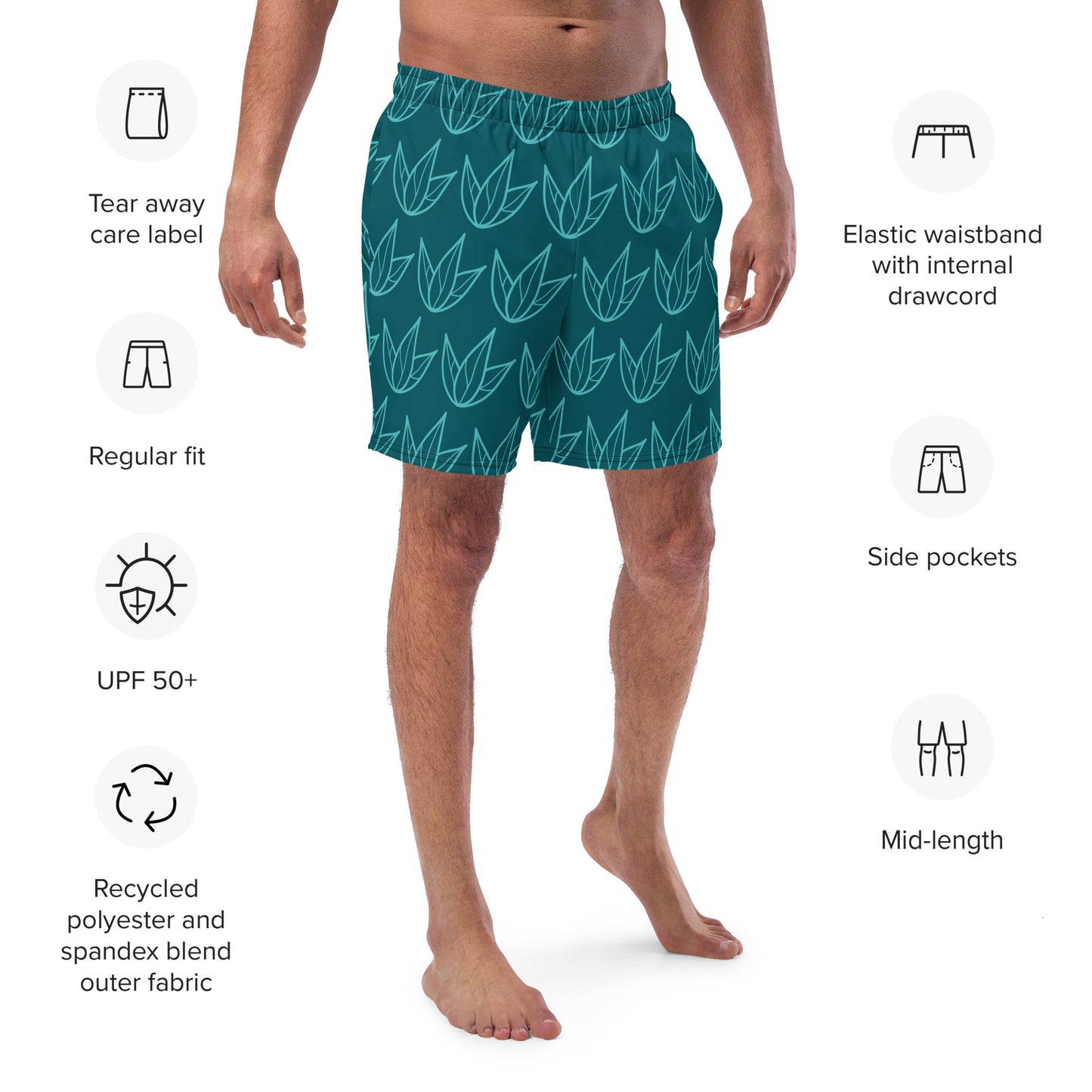 Men's Recycled Swim Trunks Green Leaves Pattern | Eco-Friendly
