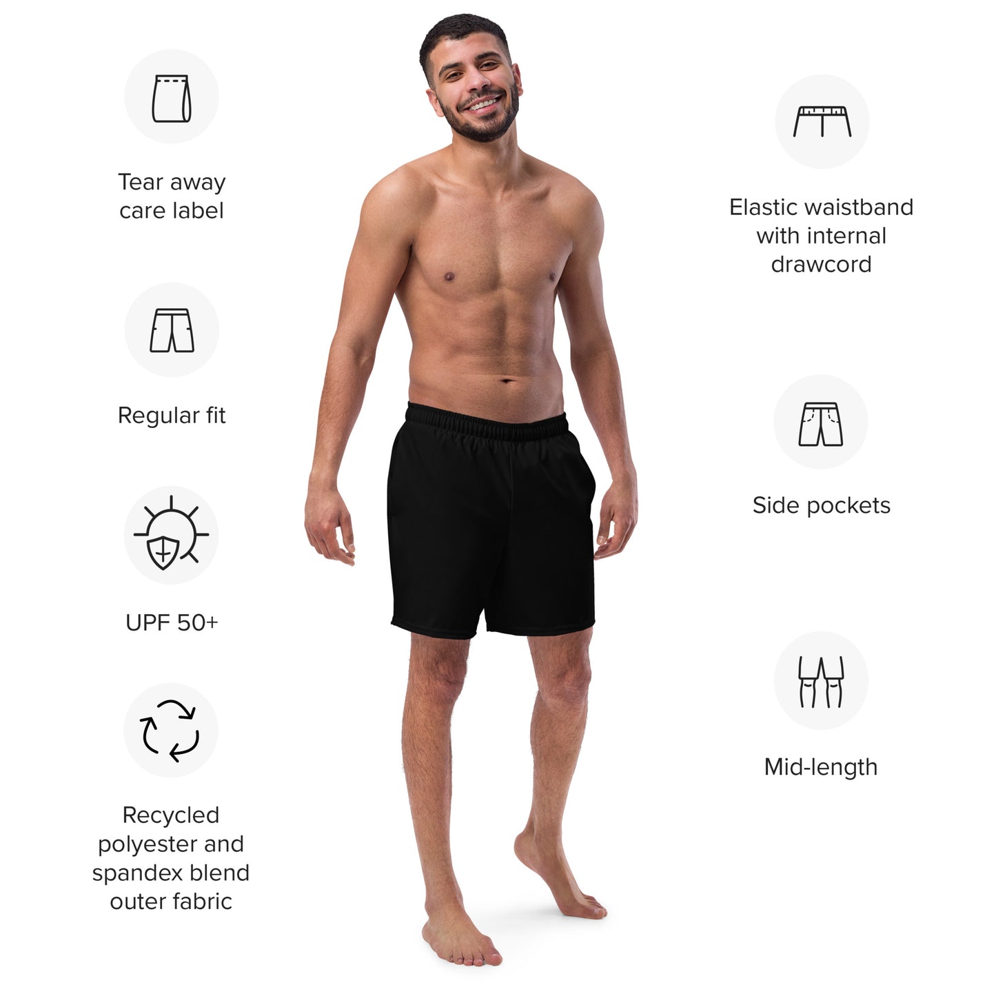 Recycled Swim Trunks Black - Eco-Friendly Performance Swimwear
