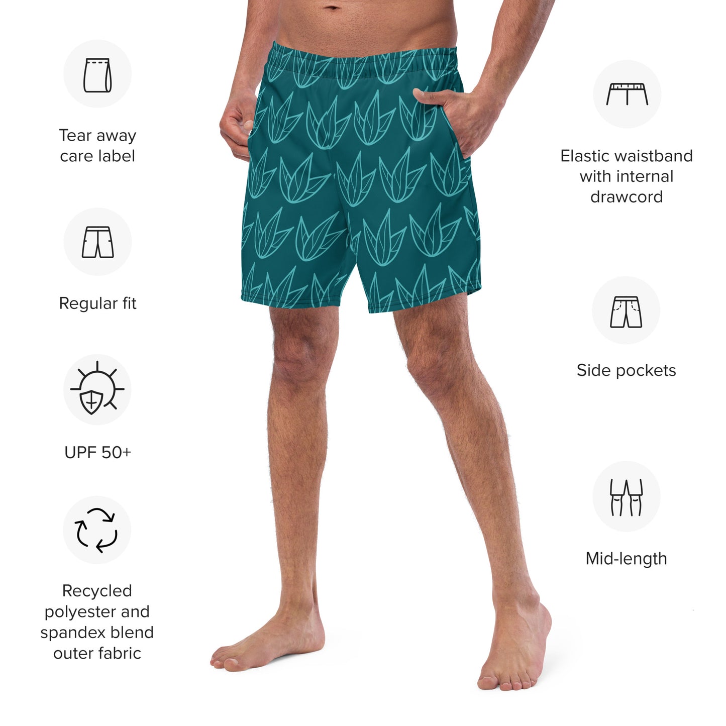 Men's Recycled Swim Trunks Green Leaves Pattern | Eco-Friendly