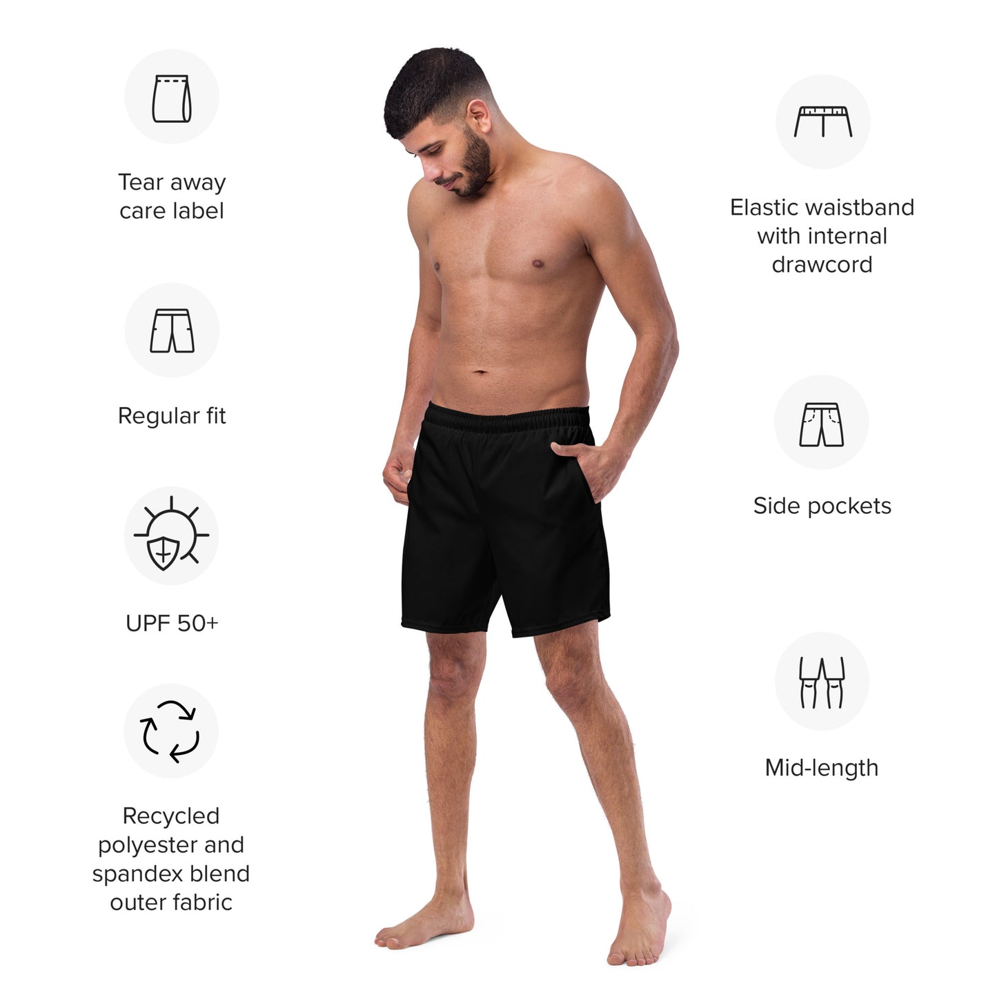 Recycled Swim Trunks Black - Eco-Friendly Performance Swimwear