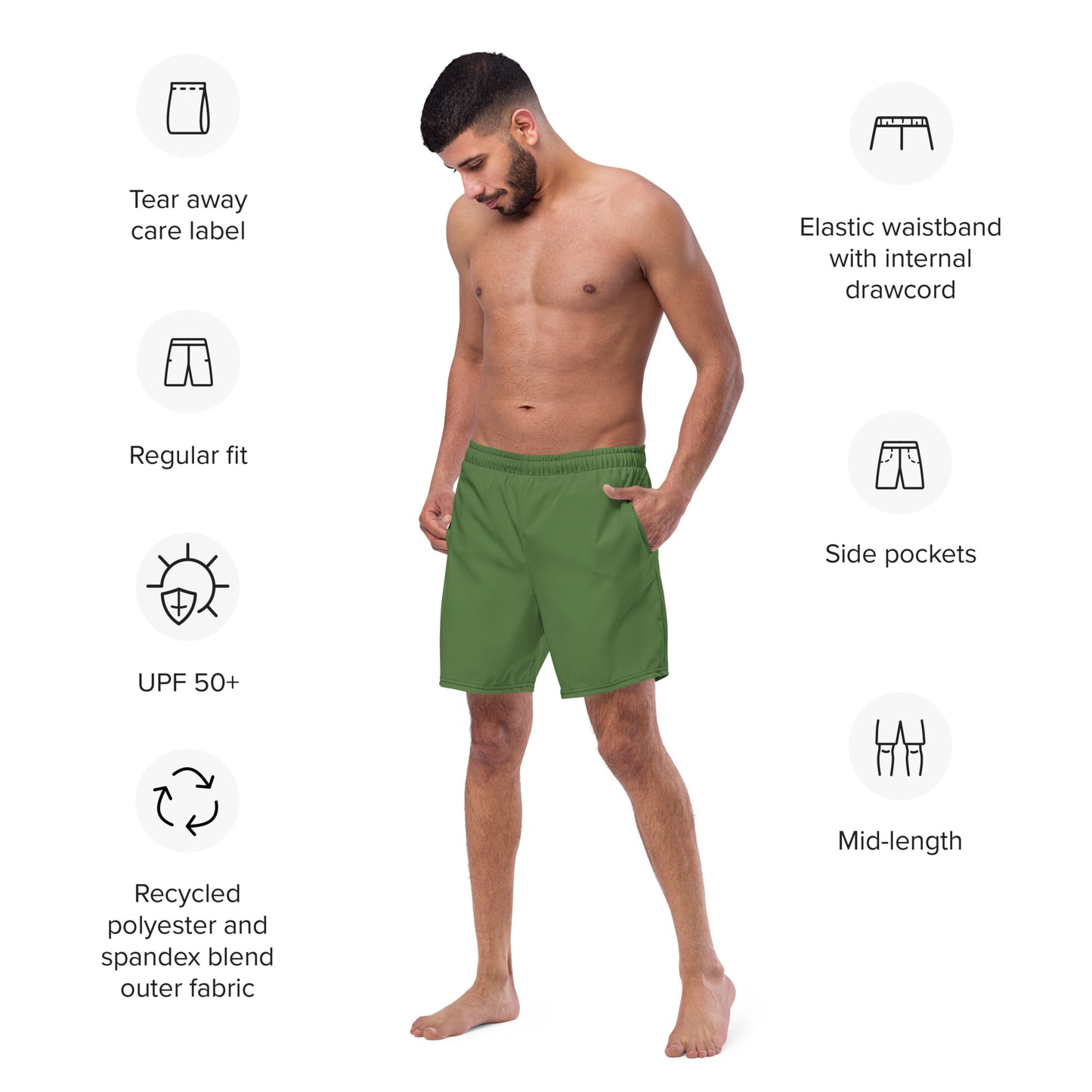 Eco-Friendly Men's Swim Trunks - Pure Pine Green Performance Swimwear -