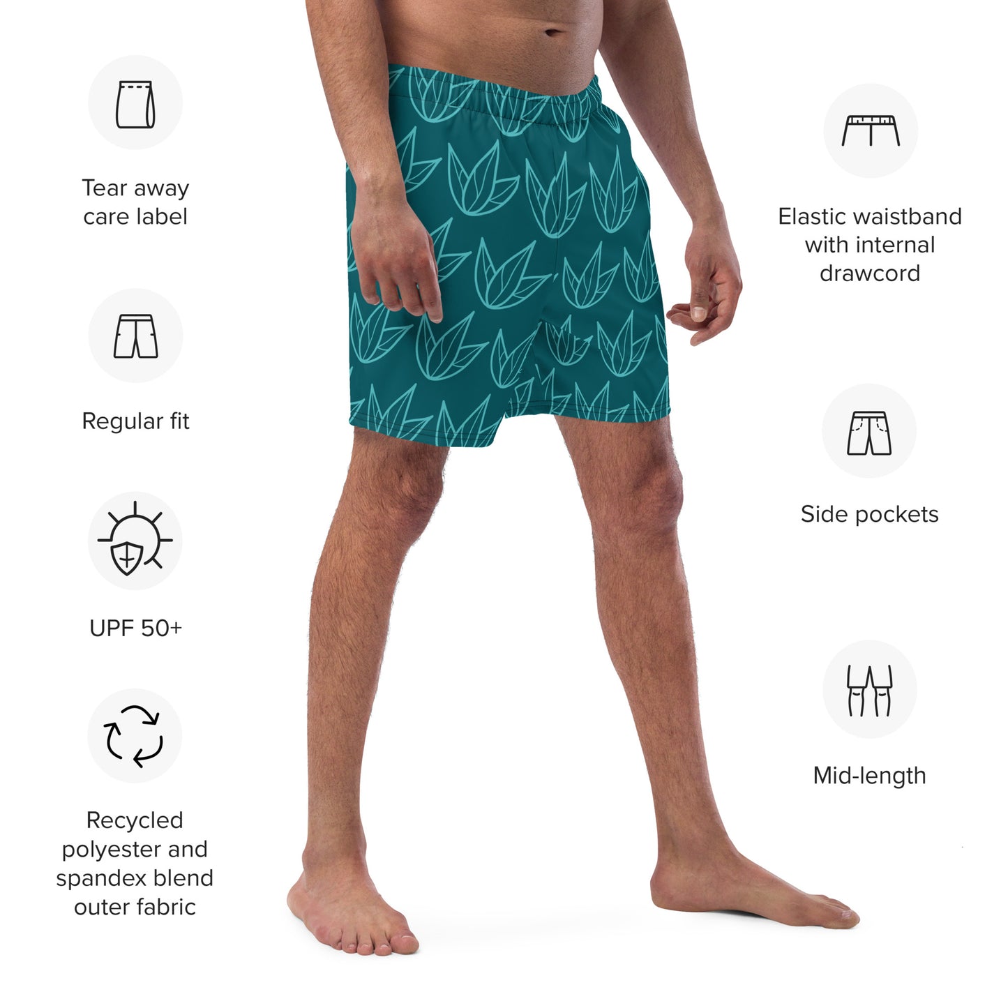 Men's Recycled Swim Trunks Green Leaves Pattern | Eco-Friendly