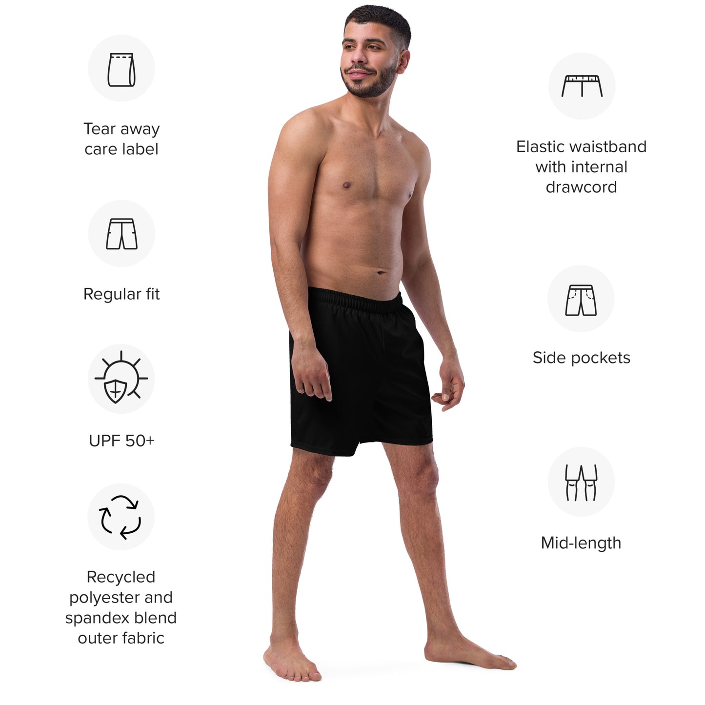 Recycled Swim Trunks Black - Eco-Friendly Performance Swimwear