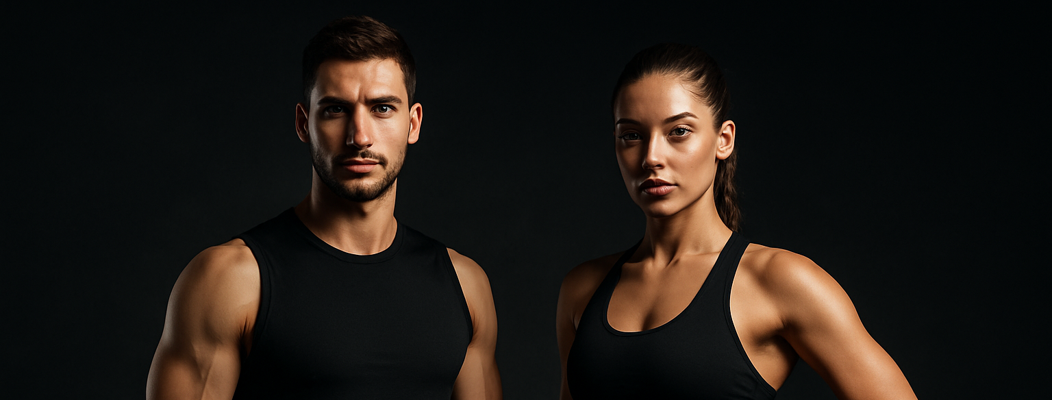 Athletic Male and Female models, to contrast with White letters. make it fit rectangle,