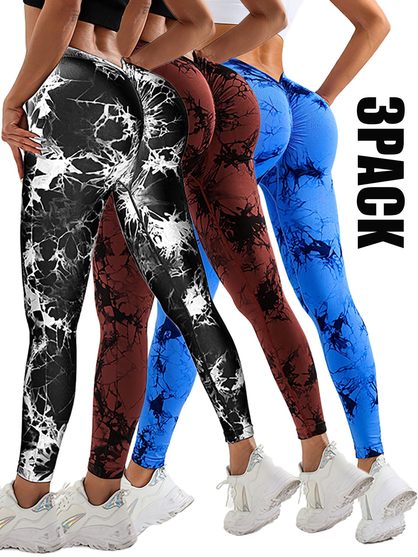 3 Pack Women's Scrunch Workout Leggings - High Waisted Butt Lifting Tie-Dye Leggings
