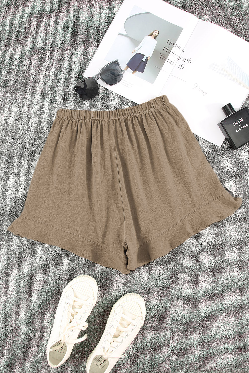 Khaki High Waist Pocketed Ruffle Shorts -