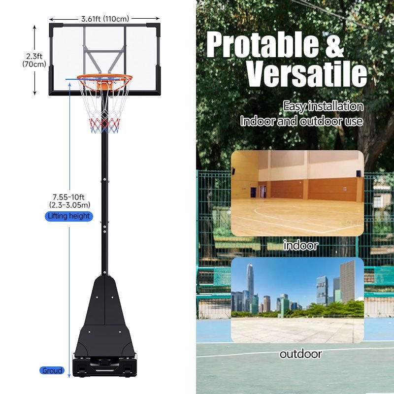 Adjustable Basketball Hoop - Portable Basketball Stand 7.55-10.00 Ft with PC Backplate, Large Base & Wheels