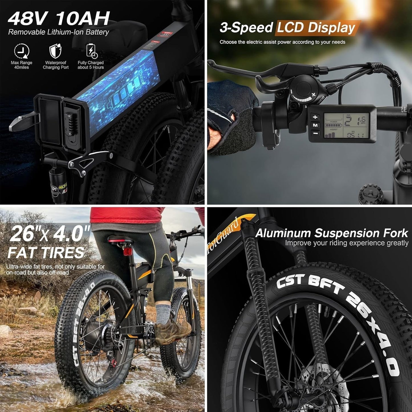 26" Fat Tire Foldable Electric Mountain Bike – 975W Peak Motor, 48V Battery, Dual Suspension, 21 Speed