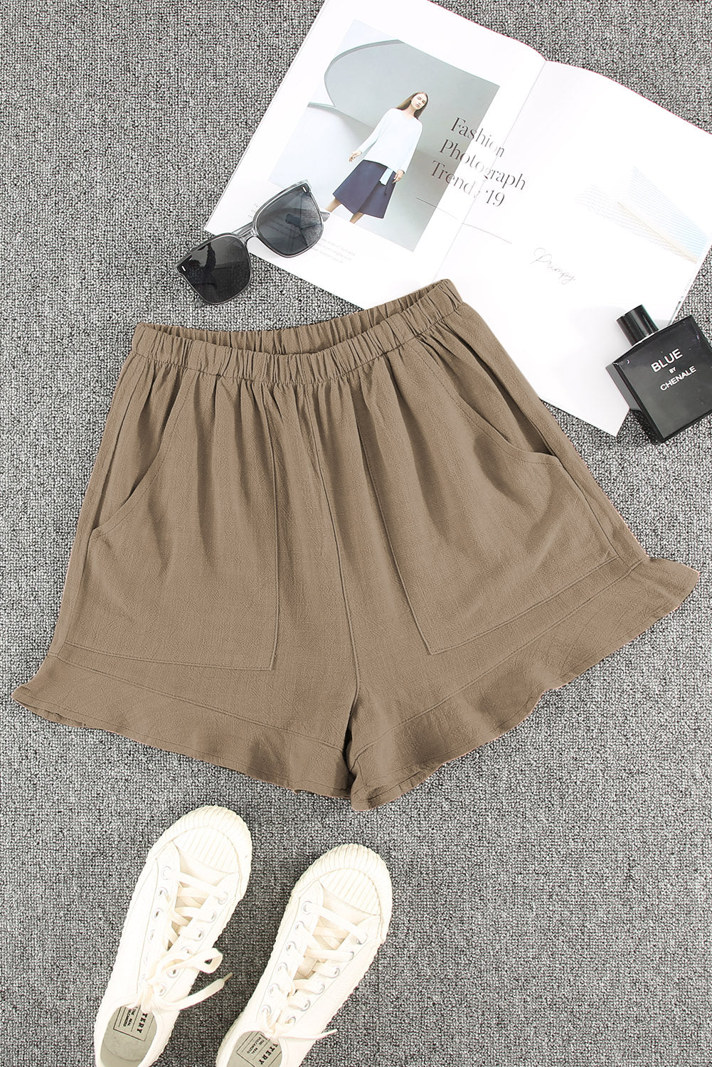 Khaki High Waist Pocketed Ruffle Shorts -