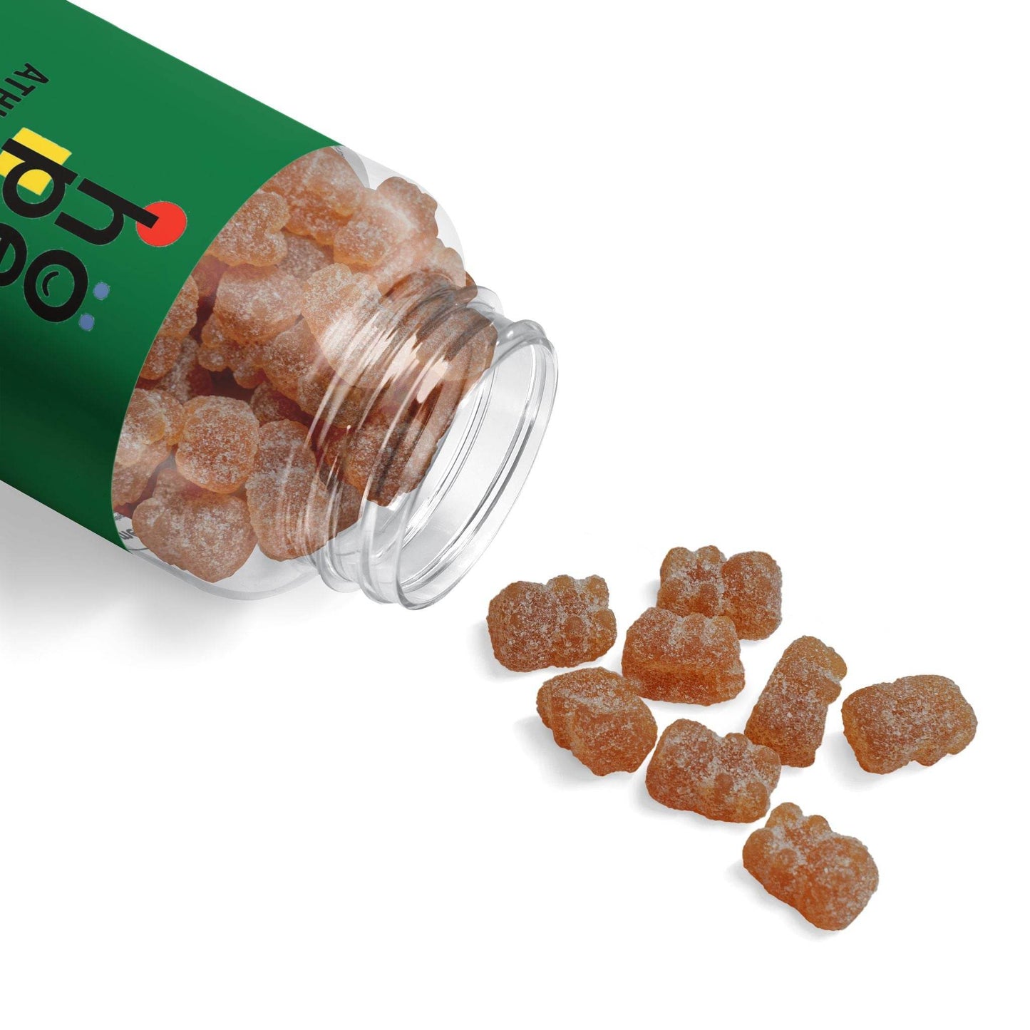 Printify adult multivitamin gummies in bear shapes spilling out of a green bottle