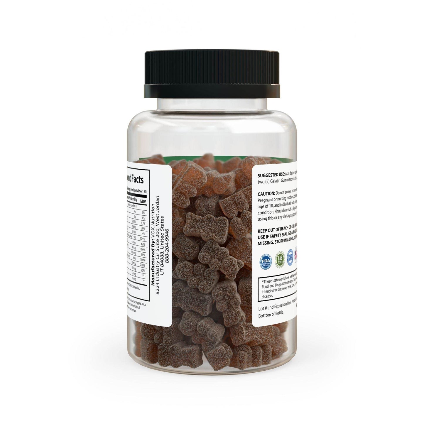 Clear bottle of Printify adult multivitamin gummies shaped like small bears with black lid